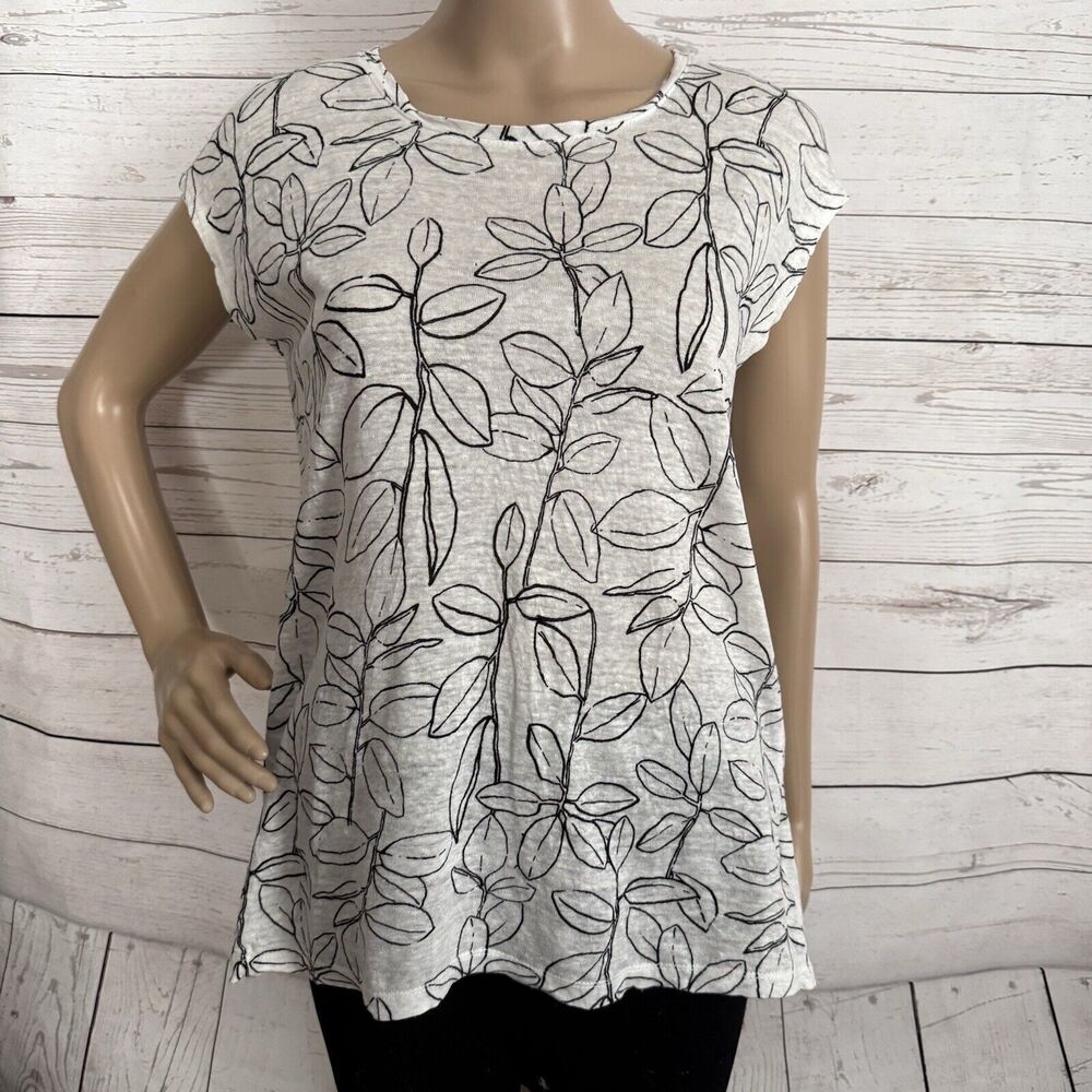 Cynthia Rowley Linen Blouse Small White Black Floral Print Button Back Thin Knit